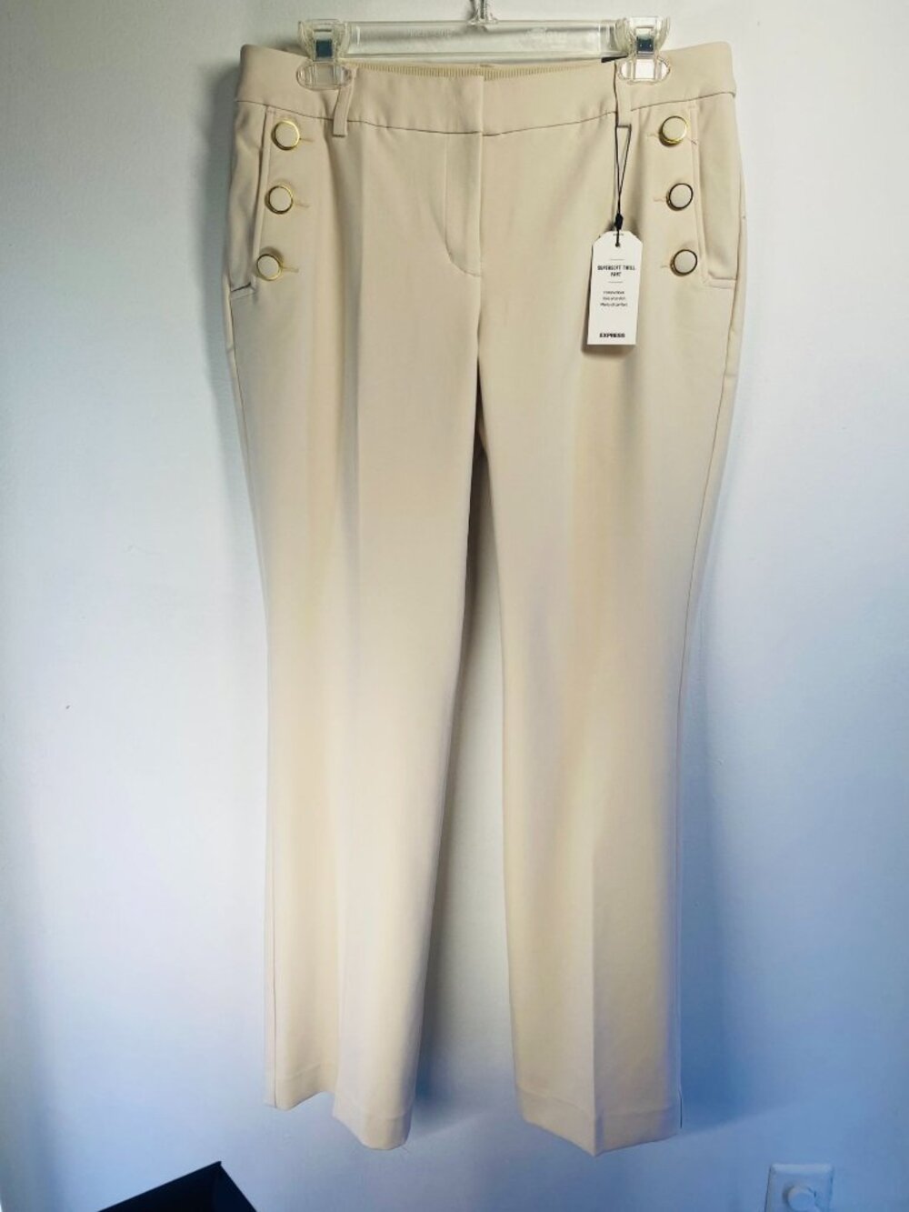 Super Soft Twill Pants Express Beige High-Rise Gold Button Detail Size 8S NWT